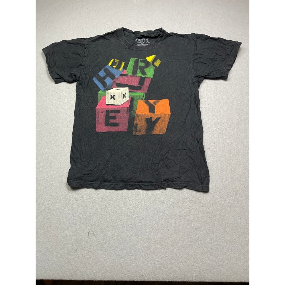 Hurley T Shirt 100% Cotton Black Graphic Block Print Large Mens